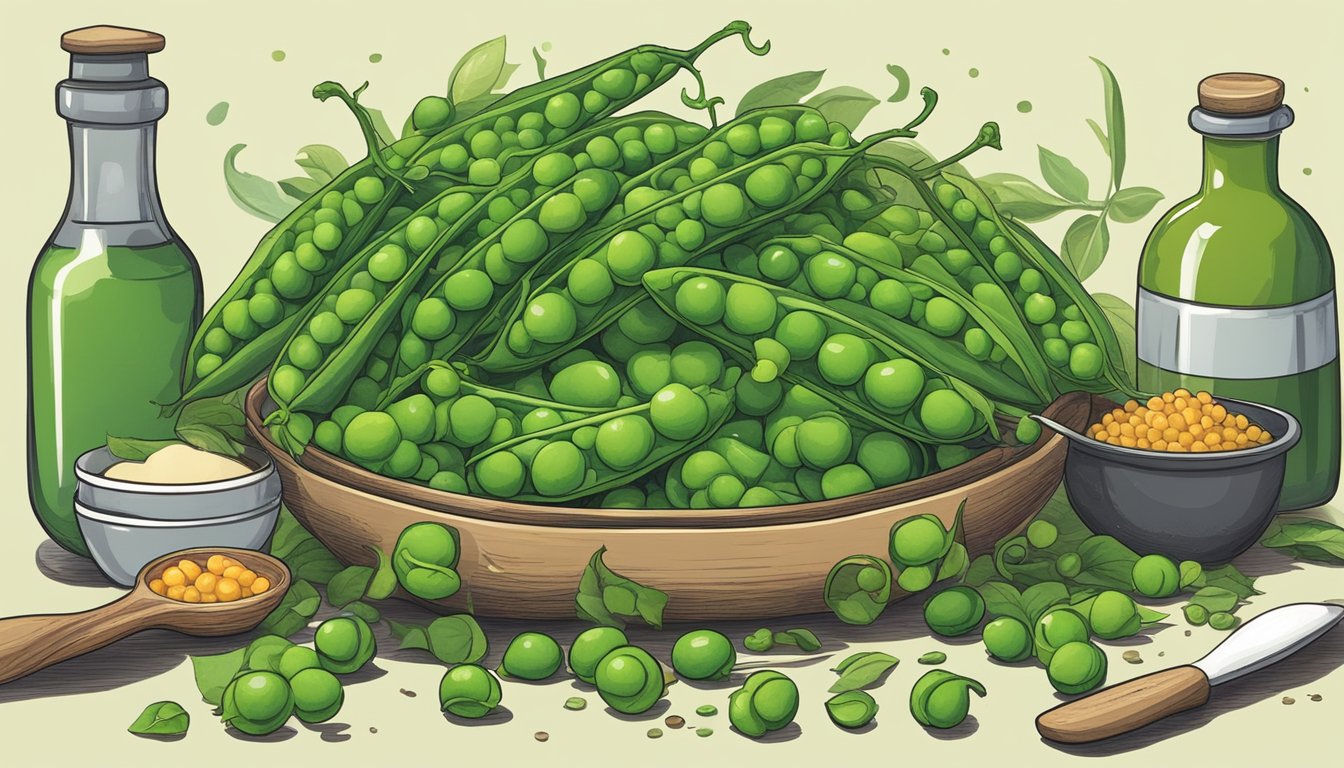 A pile of unripe peas in their pods, surrounded by various culinary tools and ingredients, with a question mark hovering above them