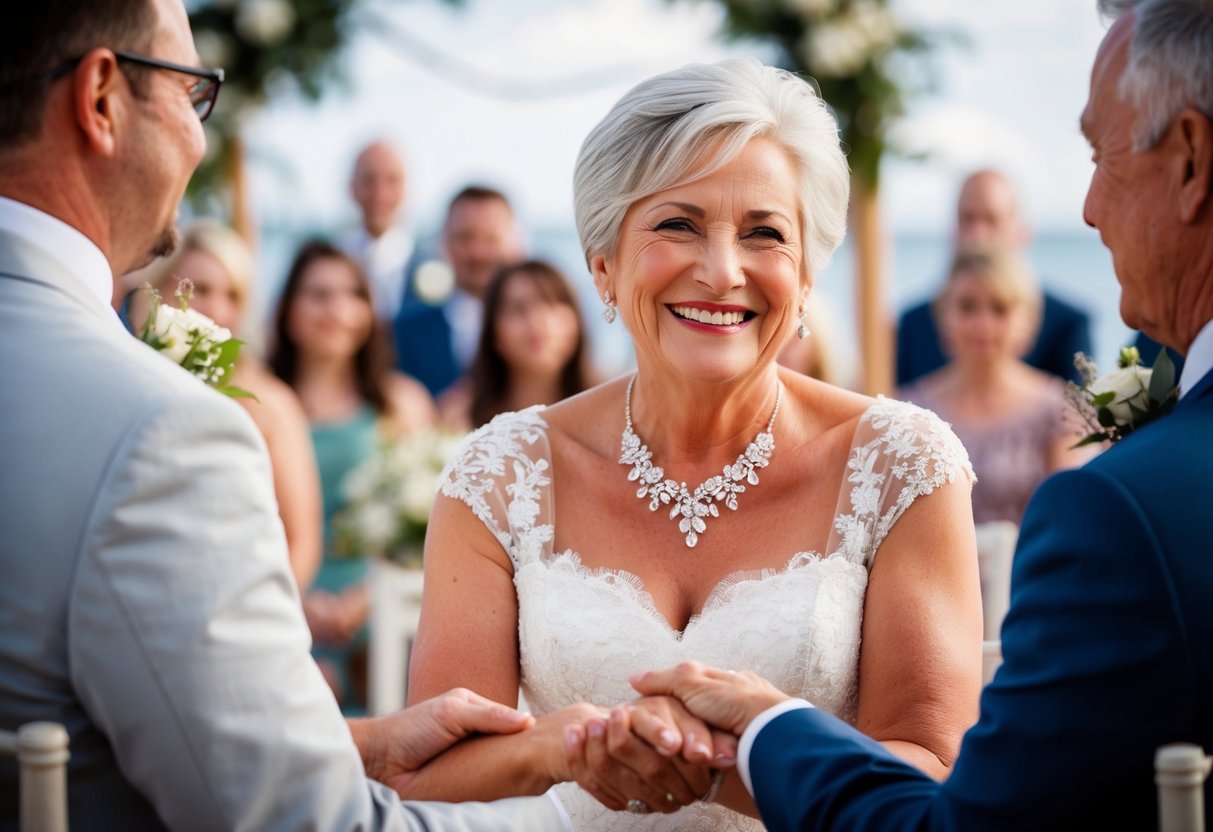 A 60-year-old woman smiling and holding hands with a partner in a wedding ceremony
