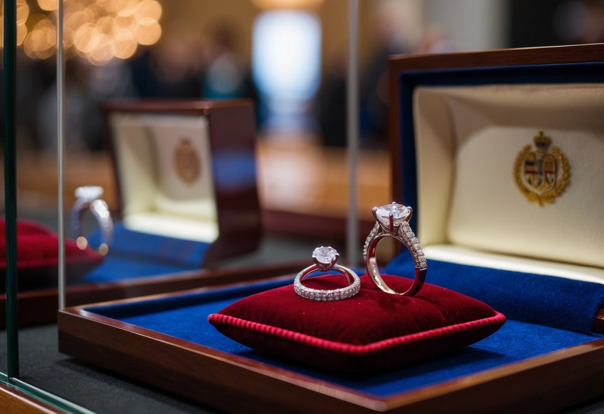 The queen's wedding and engagement rings are carefully placed on a velvet cushion, displayed in a glass case at a royal exhibition