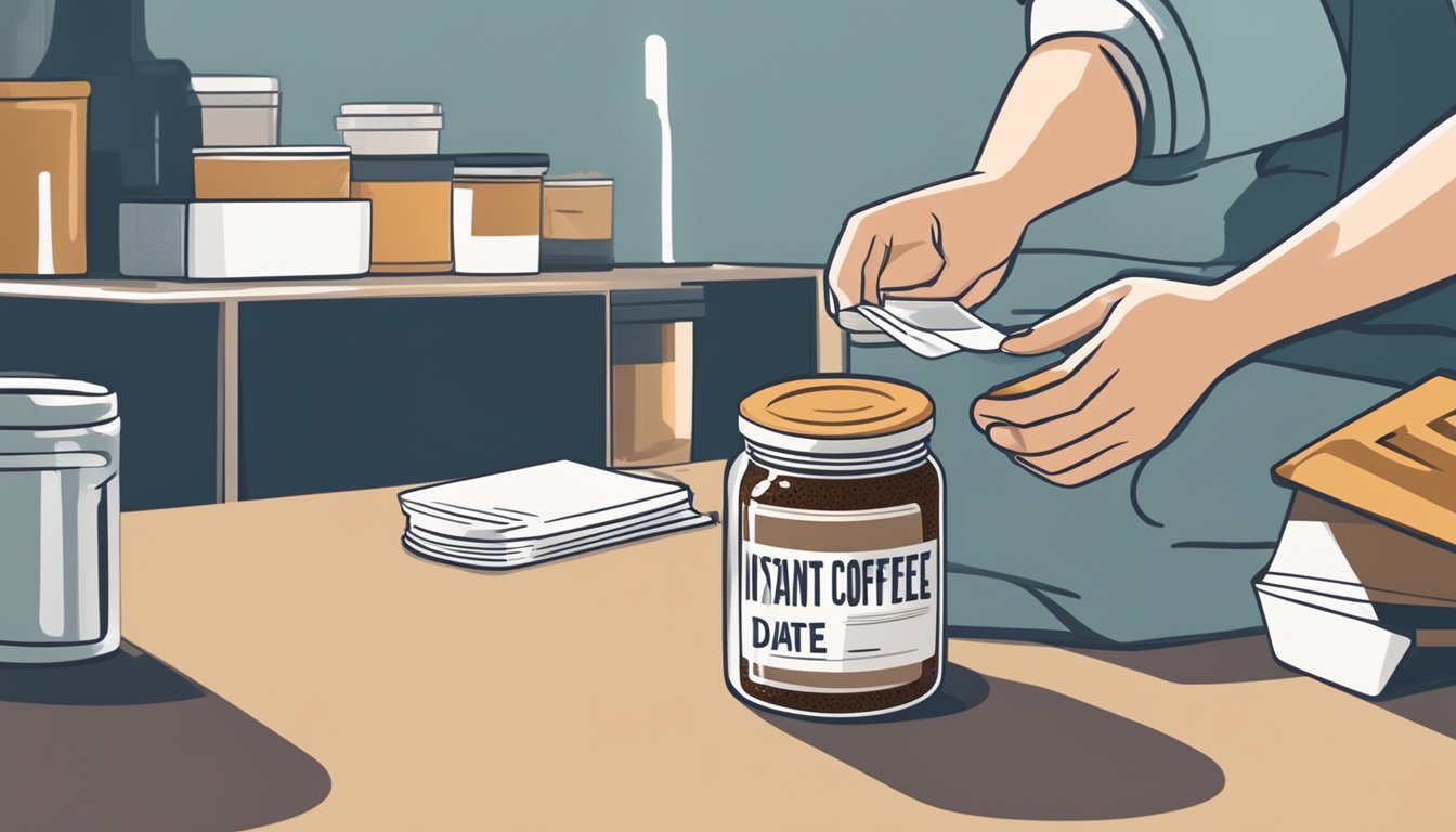 An open jar of expired instant coffee next to a warning label and a concerned person reading the expiration date