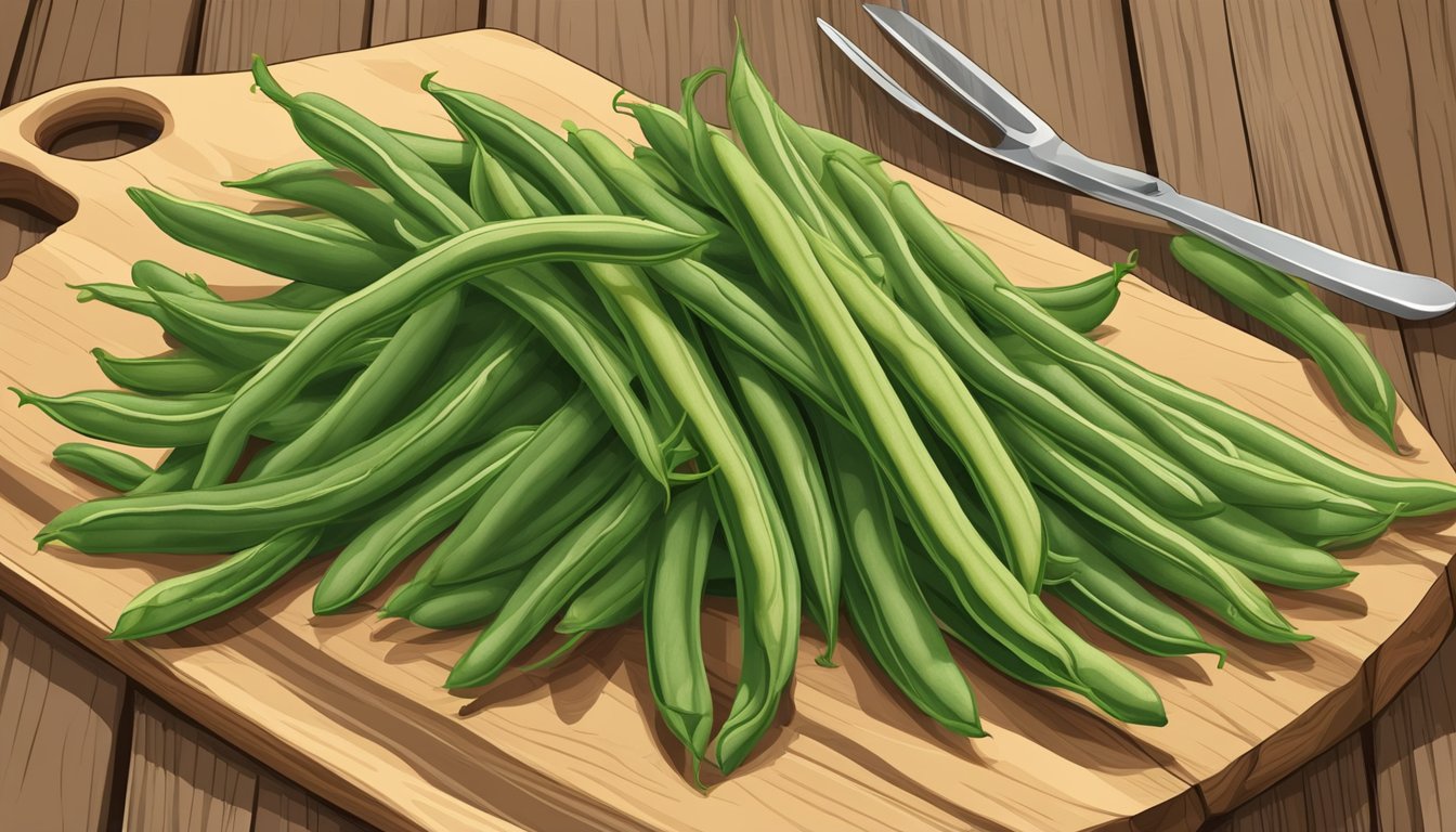 A pile of green beans, some ripe and plump, others still thin and unripe, arranged on a wooden cutting board