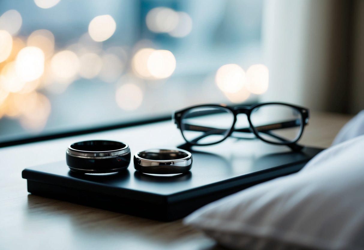 A man's wedding ring placed on a bedside table next to a watch and a pair of glasses