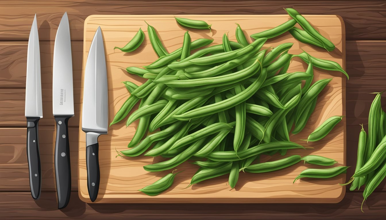 A pile of unripe green beans on a cutting board, with a knife slicing through one to reveal its raw, firm texture