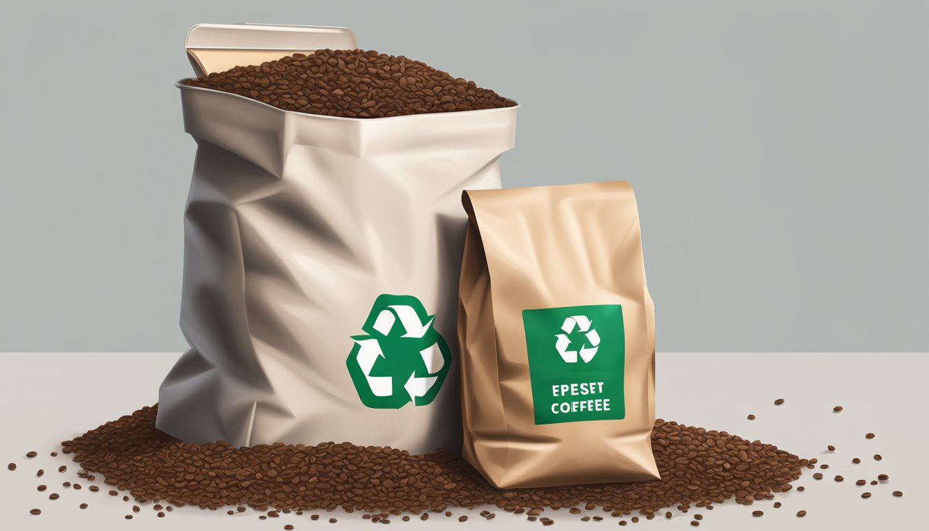 An open bag of expired instant coffee next to a trash bin with a recycling symbol