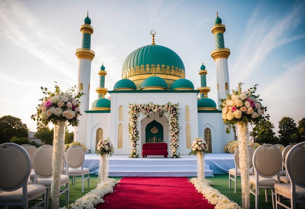 A mosque with a decorated wedding stage and floral decorations