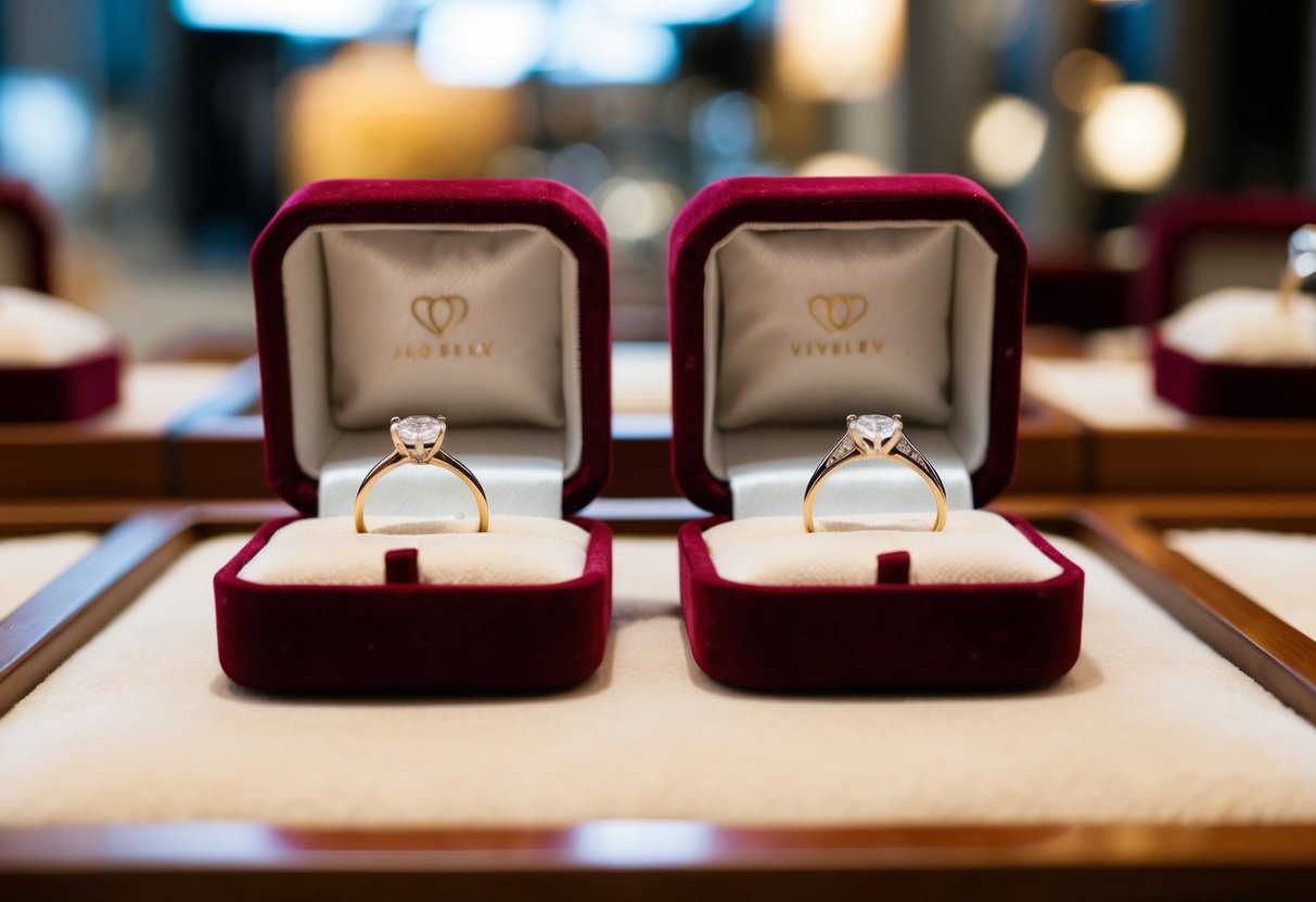 Two wedding rings displayed on a velvet cushion in a jewelry store
