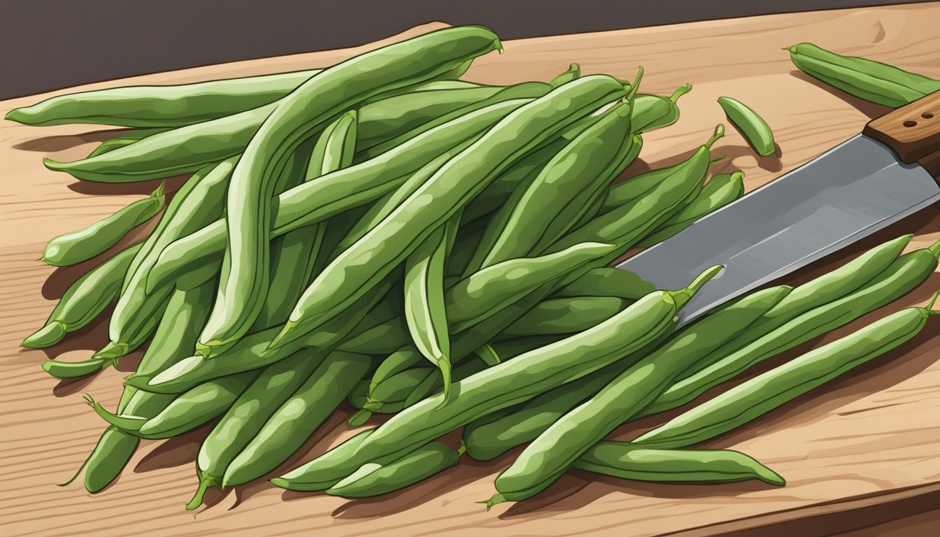 A pile of fresh green beans on a cutting board, with a knife nearby. Some beans are unripe and still have a pale color