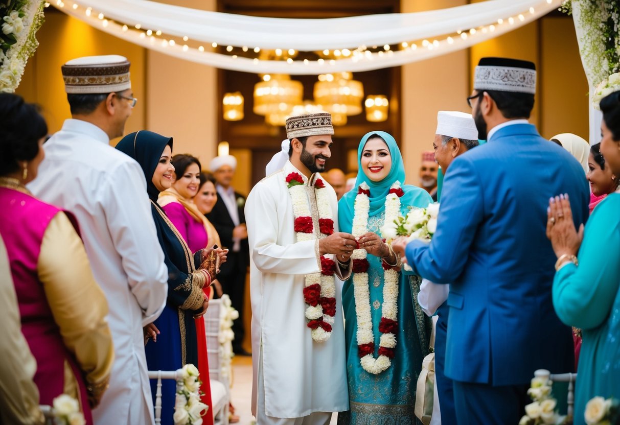 A traditional Muslim wedding ceremony with families and guests celebrating the marriage of a young couple