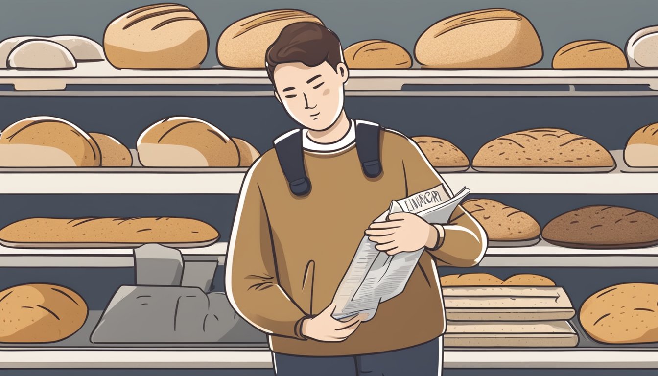 A person holding a loaf of einkorn bread with a concerned expression, while reading a label with "gluten-free" and "einkorn" written on it