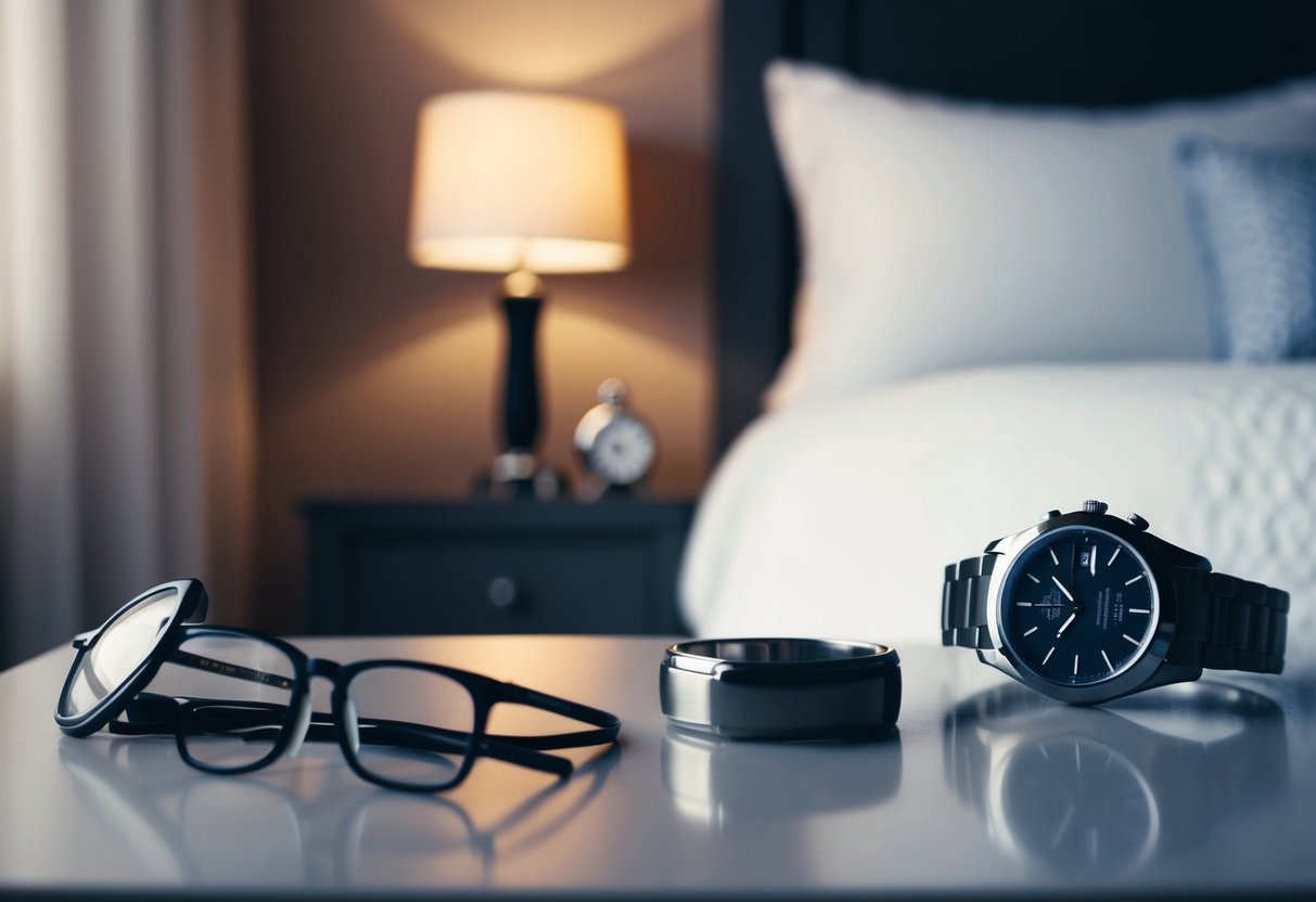 A man's wedding ring sits on a bedside table, next to a watch and a pair of glasses. The room is dimly lit, with soft, warm colors