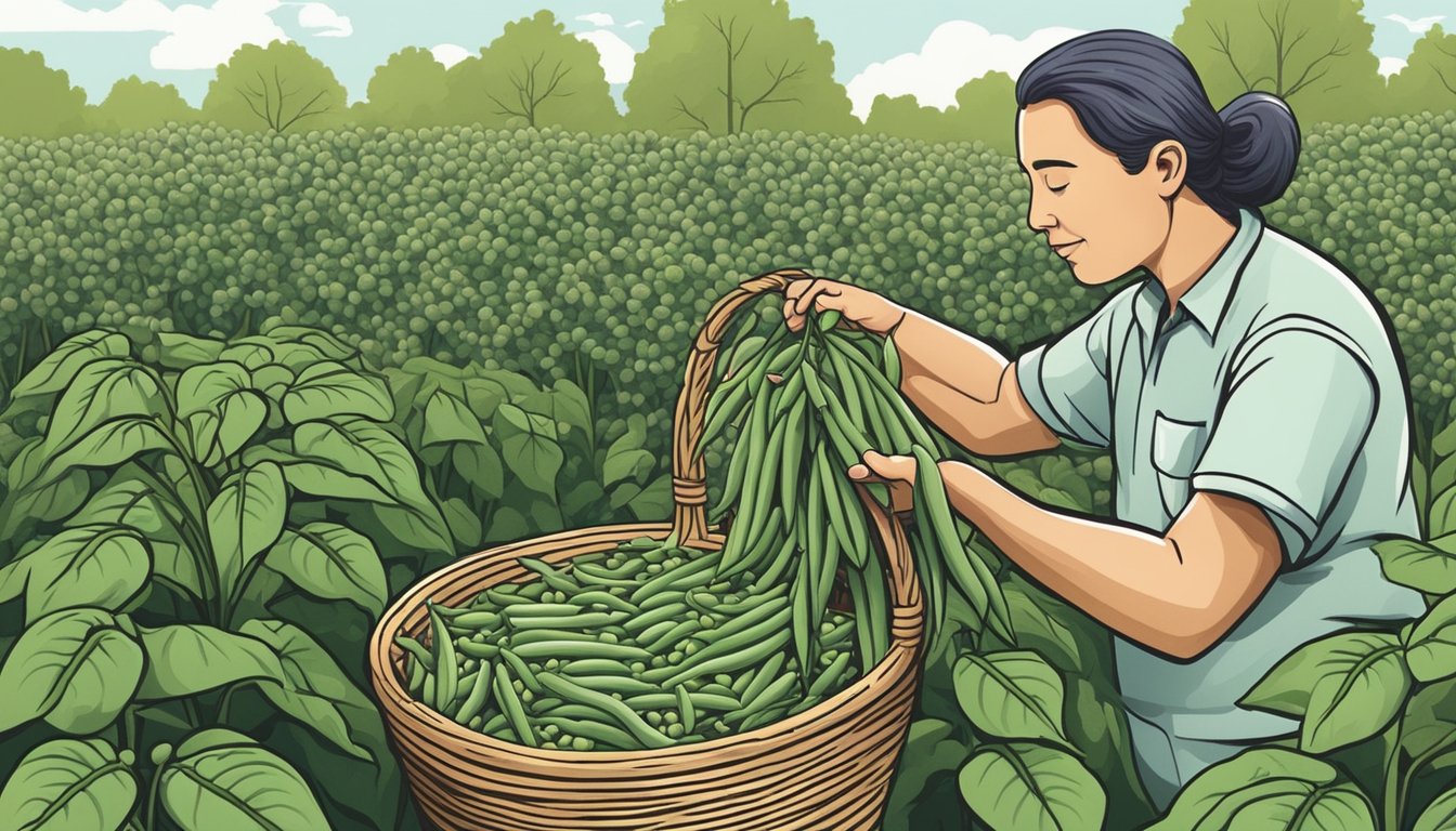 A person picking ripe green beans from a garden, with a basket of freshly harvested beans nearby