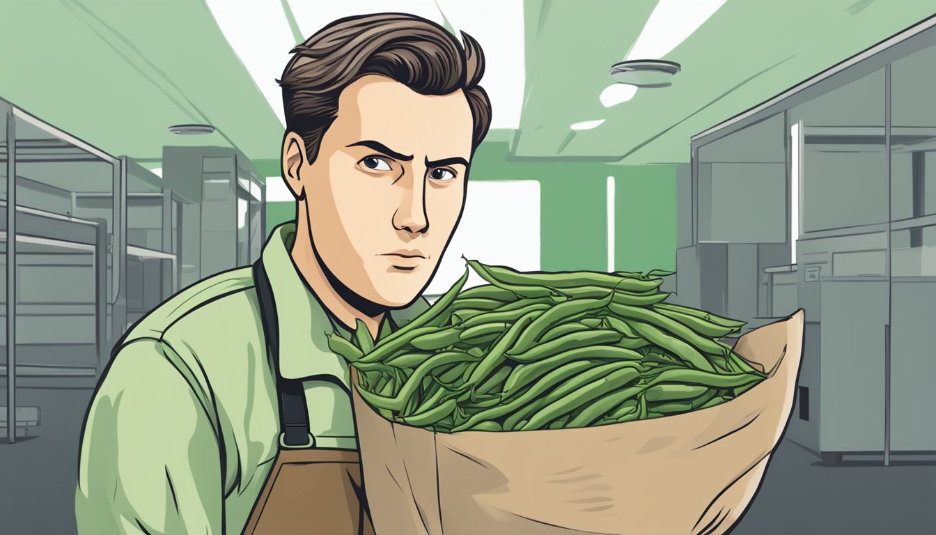 A person holding a bunch of unripe green beans, with a concerned expression on their face. A warning sign and a question mark in the background