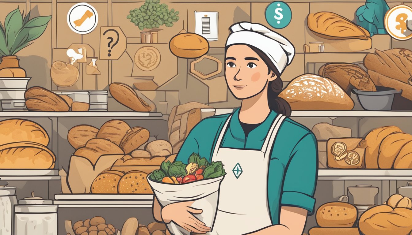 A person holding a loaf of einkorn bread with a question mark above their head, surrounded by various food safety symbols and warning signs