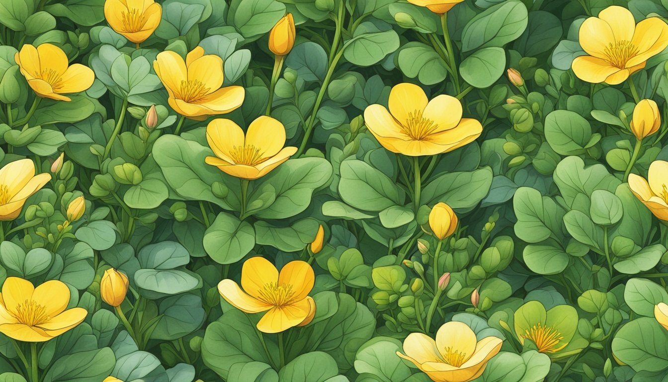 A colorful illustration of purslane plants growing in a garden, with vibrant green leaves and small yellow flowers