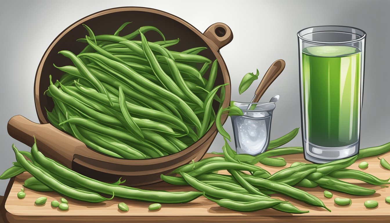 A pile of unripe green beans on a cutting board, next to a chef's knife and a bowl of water