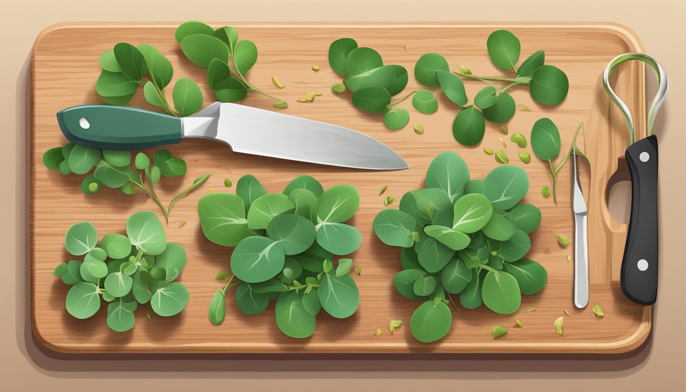 A colorful assortment of fresh purslane leaves and stems arranged on a wooden cutting board, with a knife and measuring spoons nearby