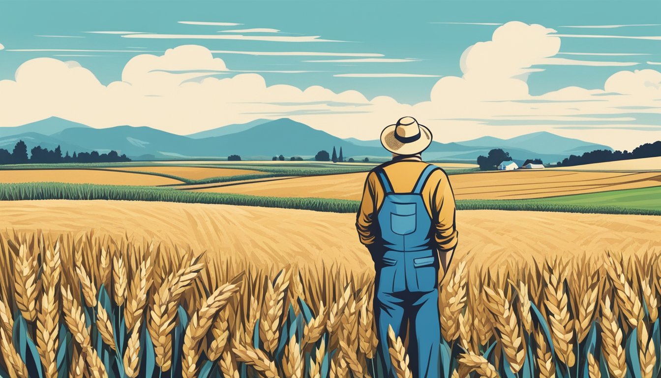 A farmer inspecting einkorn wheat field with clear blue sky and healthy crops