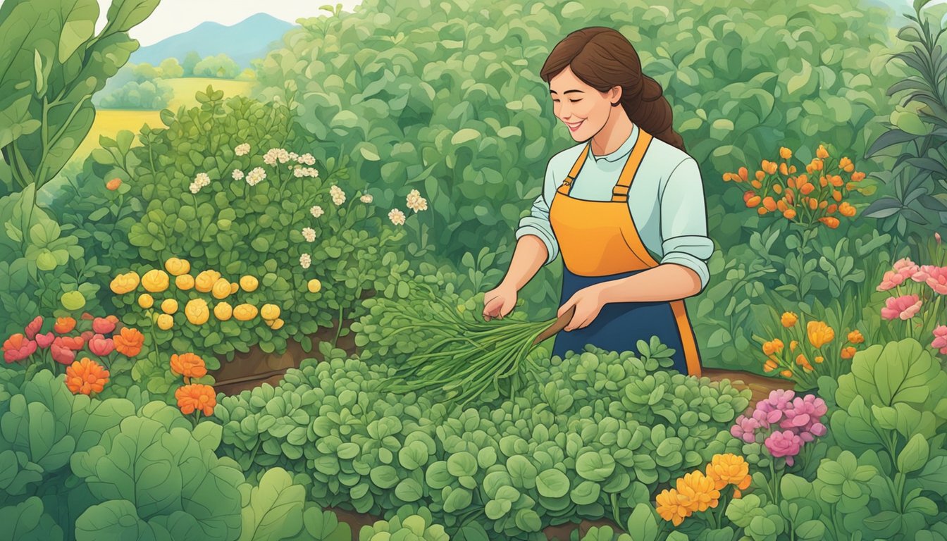 A person happily picking fresh purslane from a vibrant garden, surrounded by various herbs and vegetables