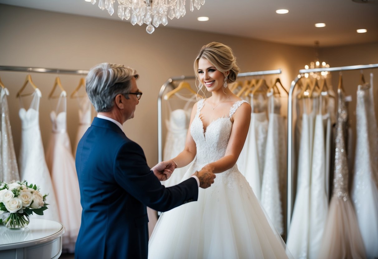 A bride's wedding dress being purchased by a person at a bridal boutique