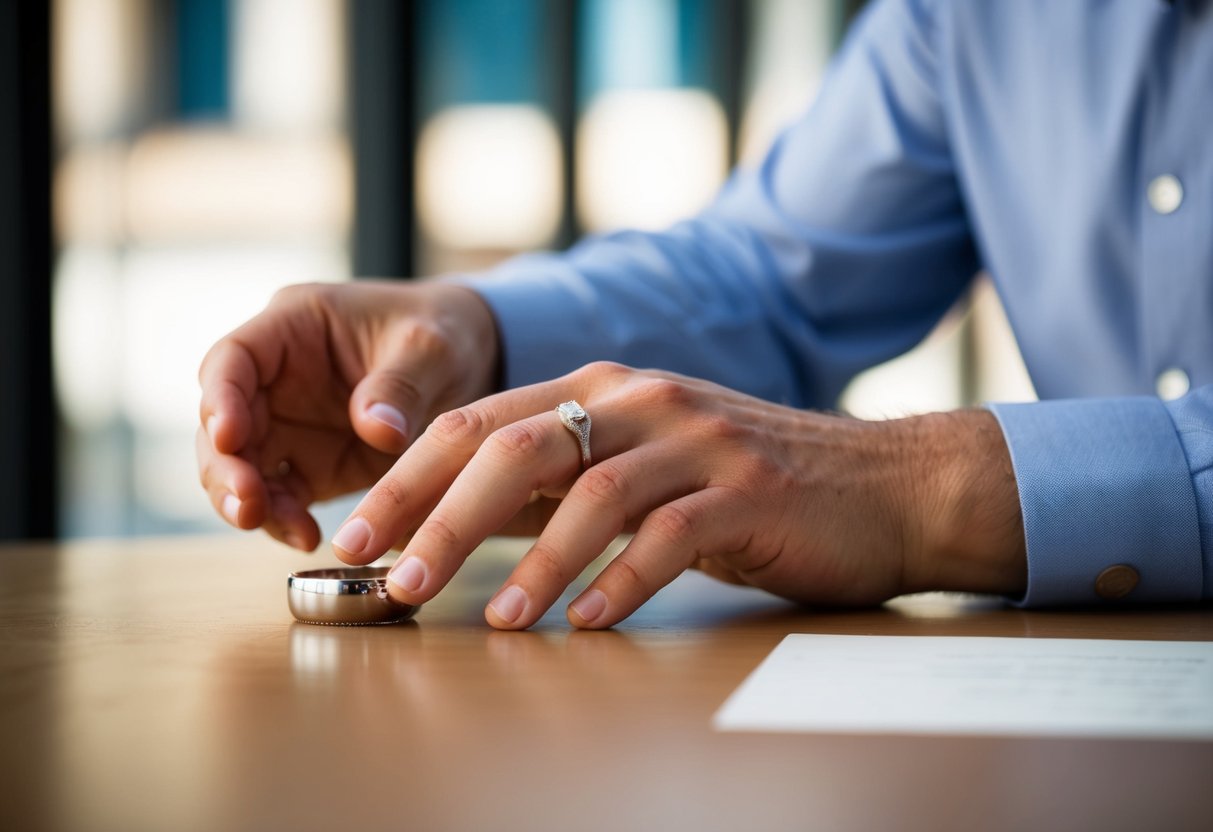 A man's hand reaches for a wedding band on a table