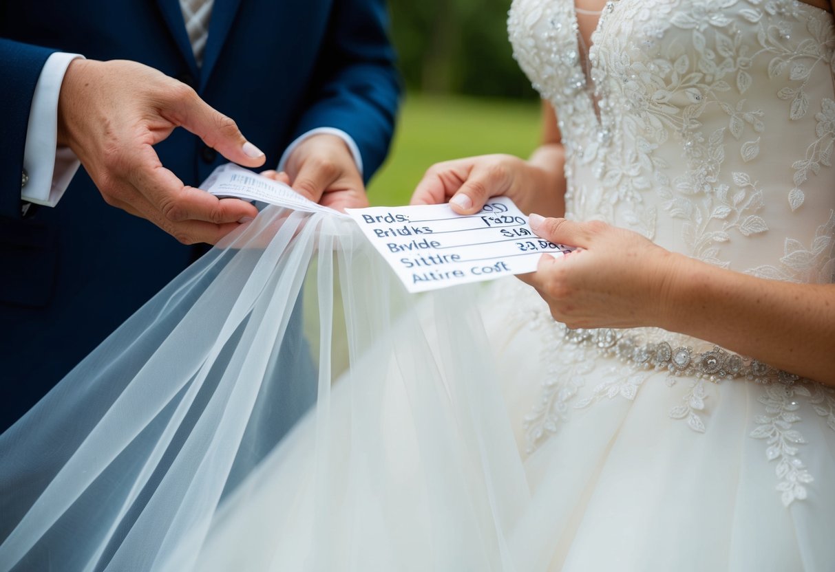 A bride's dress being paid for by a parent or the couple, with a breakdown of wedding attire costs