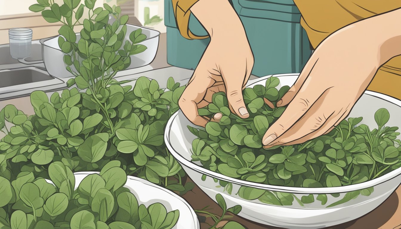 A person preparing a fresh bunch of purslane, rinsing it under running water and chopping it up for a salad