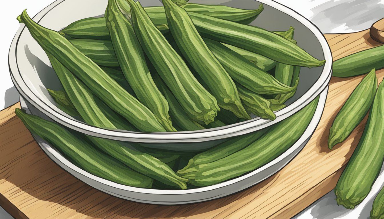 A bowl of unripe okra sits next to a knife and cutting board, with a question mark hovering above it