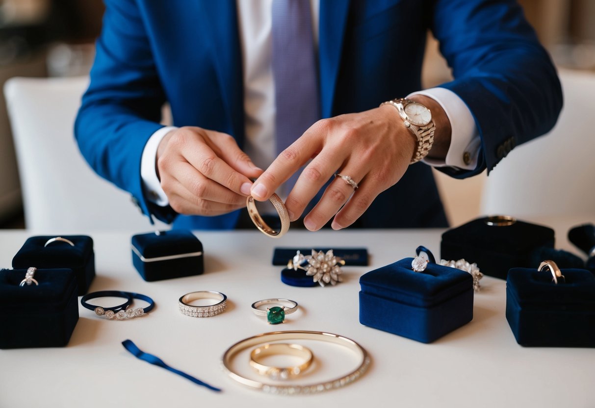 A man's hand placing a wedding band on a table, surrounded by other jewelry and accessories