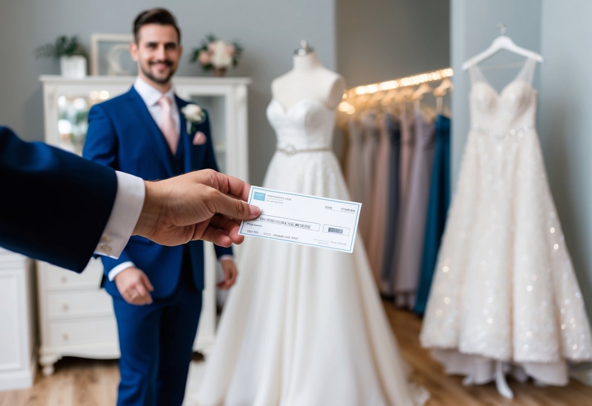 A groom's hand holding out a check towards a bridal boutique with a wedding dress displayed in the background