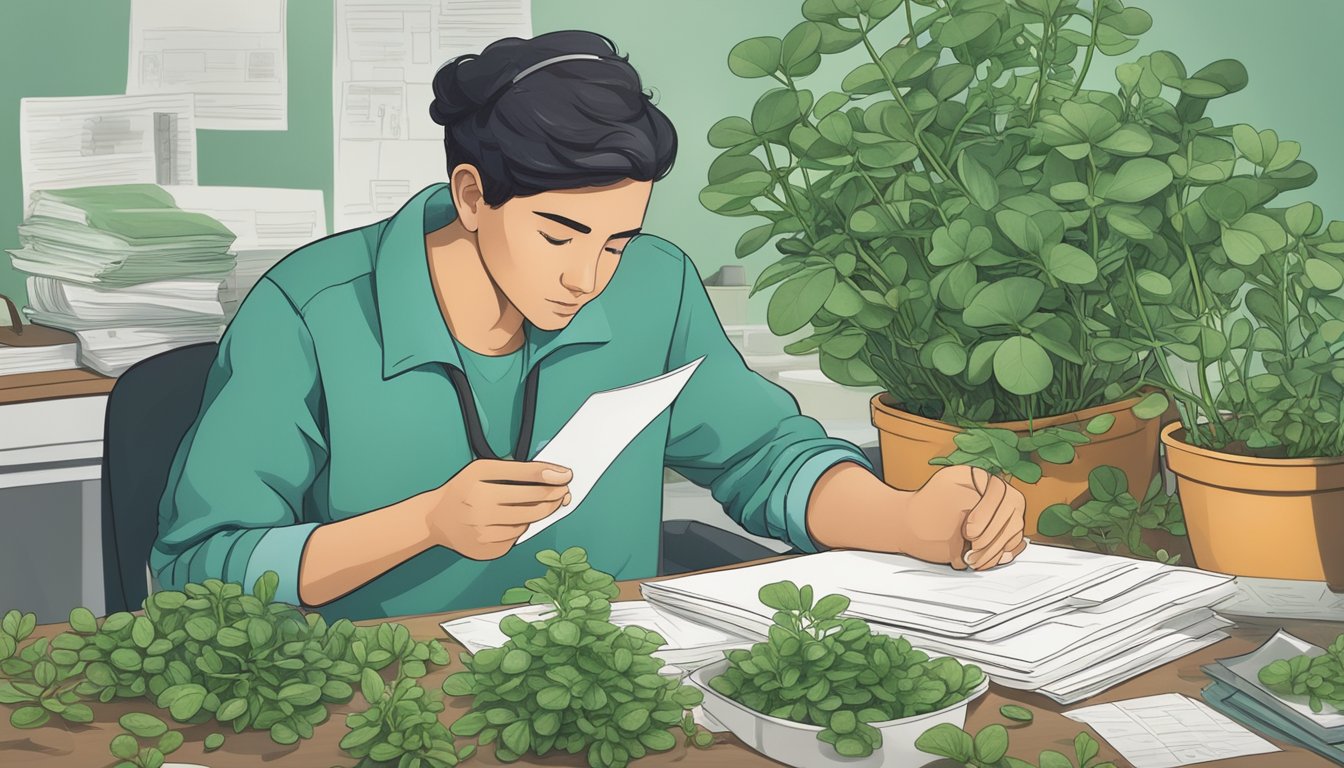 A person holding a bunch of fresh purslane leaves, examining them closely while surrounded by research papers and scientific equipment