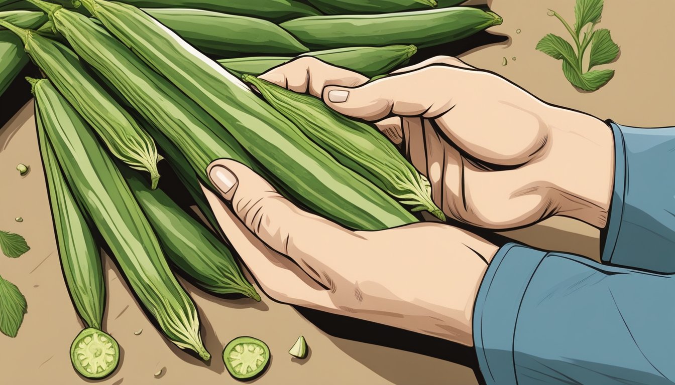 A person holding a raw okra, examining its color and texture for ripeness