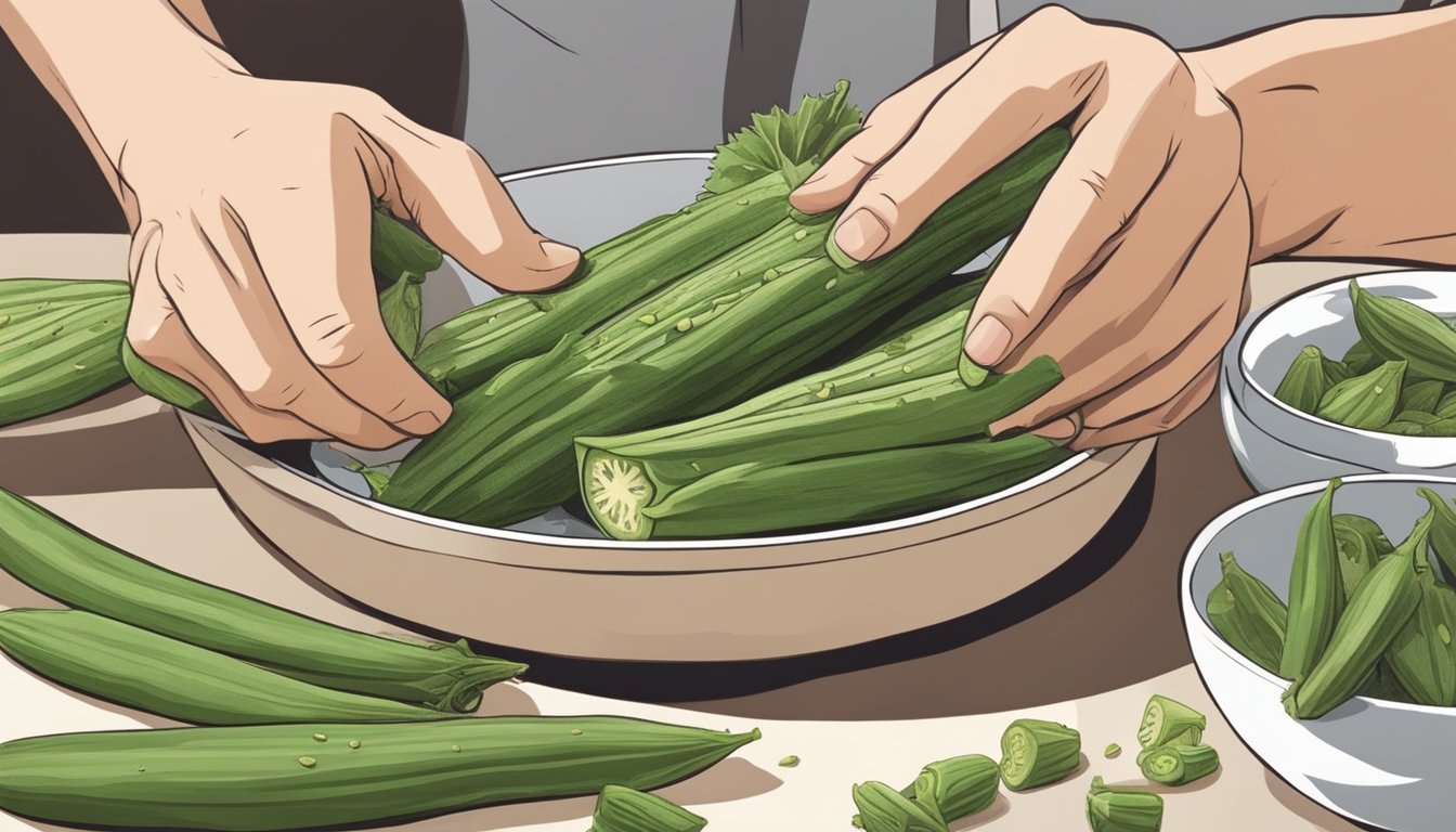 A person cutting open an unripe okra to inspect the seeds and texture before deciding whether it is safe to eat