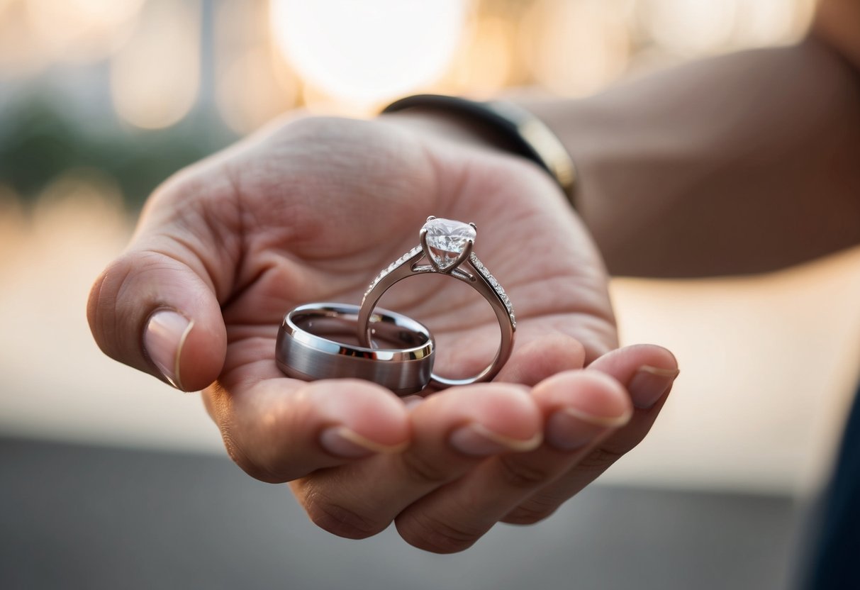 A hand holding an engagement ring and a wedding band side by side, with a thoughtful expression