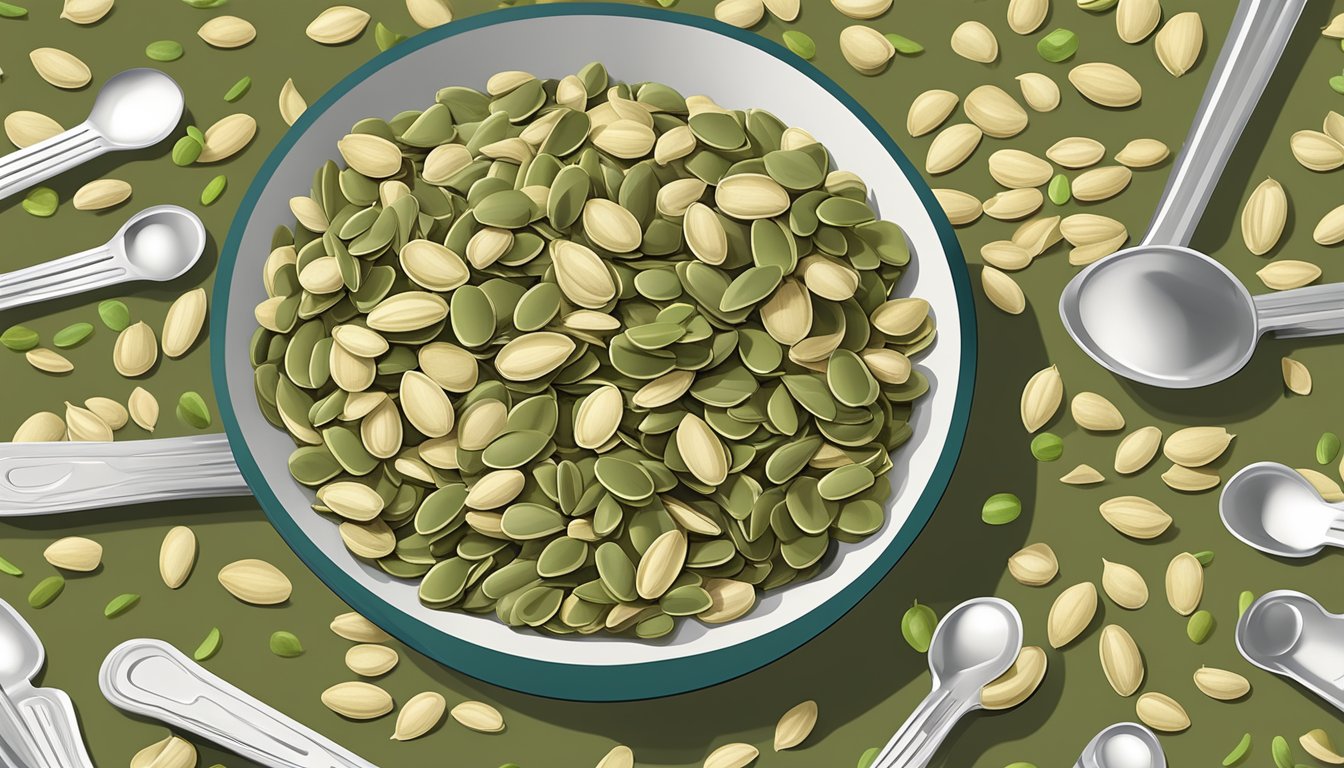 A pile of pumpkin seeds surrounded by measuring spoons and a nutrition label