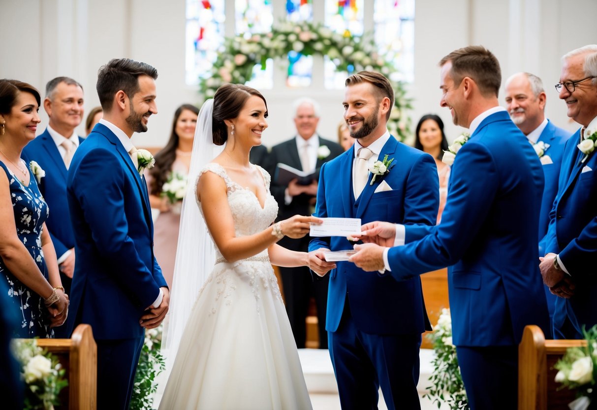 A bride and groom standing at an altar, surrounded by family and friends. A figure hands over a check or cash to the couple, symbolizing financial support for the wedding