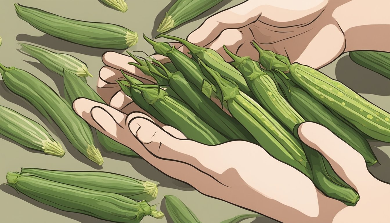 A hand reaching for a fresh okra pod, while a pile of ripe and unripe okra sits on a clean, dry surface