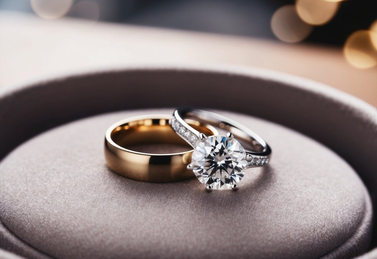 A sparkling diamond engagement ring is placed next to a simple gold wedding band on a soft velvet cushion