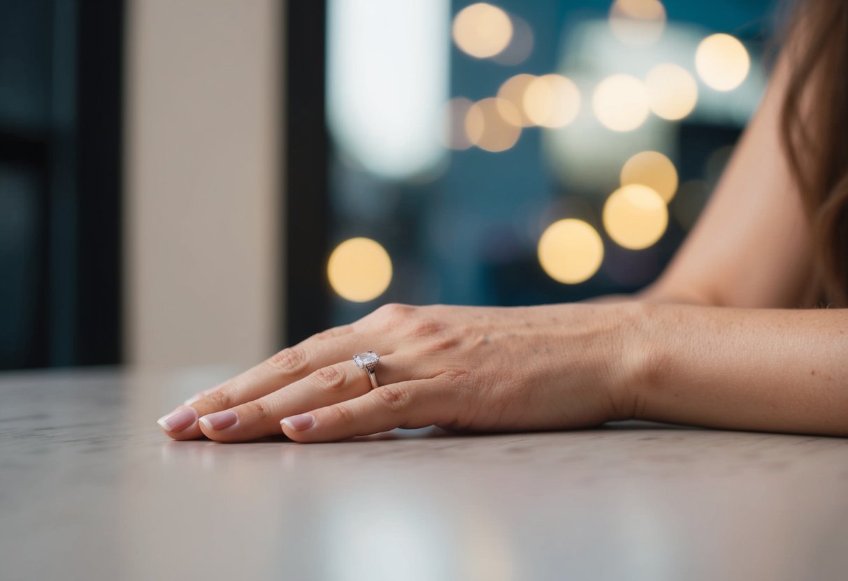 A woman's hand resting on a table, with a faint indentation where a ring would be