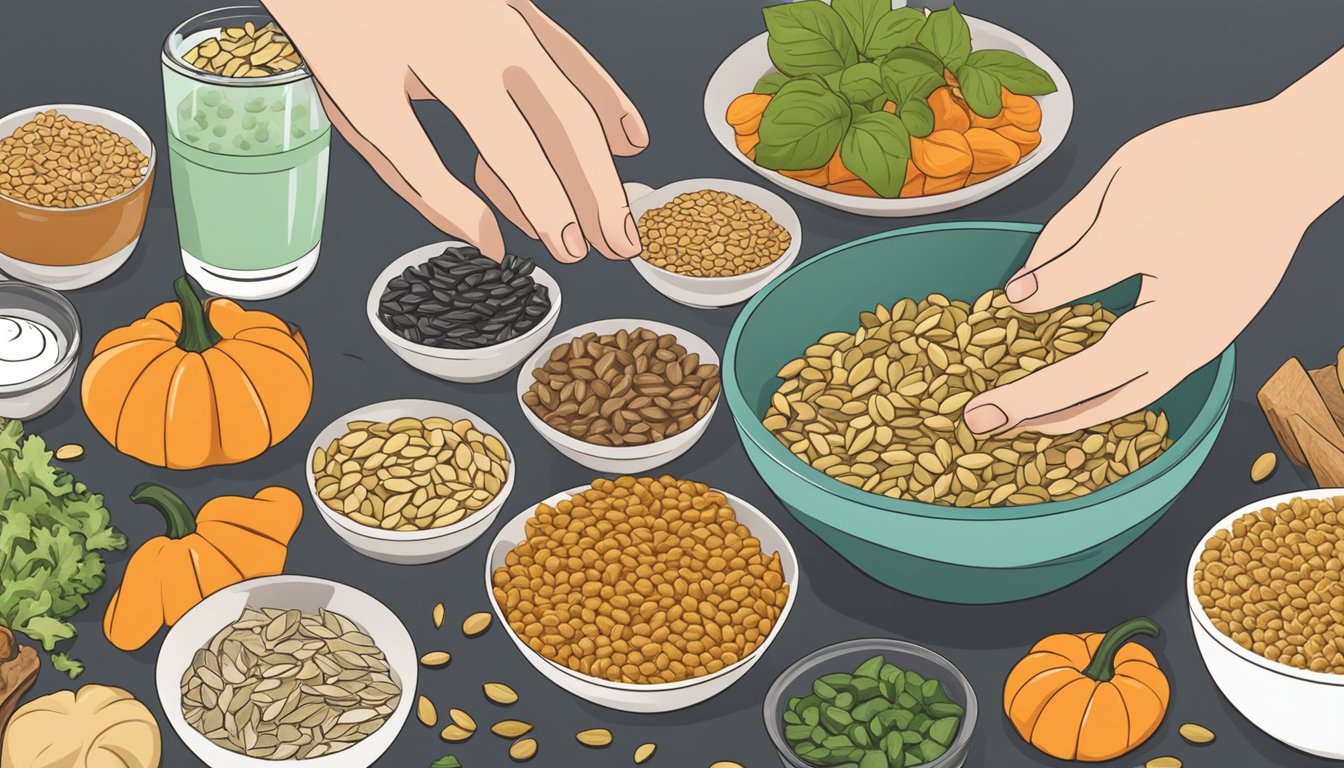 A bowl of pumpkin seeds sits next to a variety of foods, including salads and yogurt. A person's hand reaches for a handful of seeds to sprinkle onto their meal