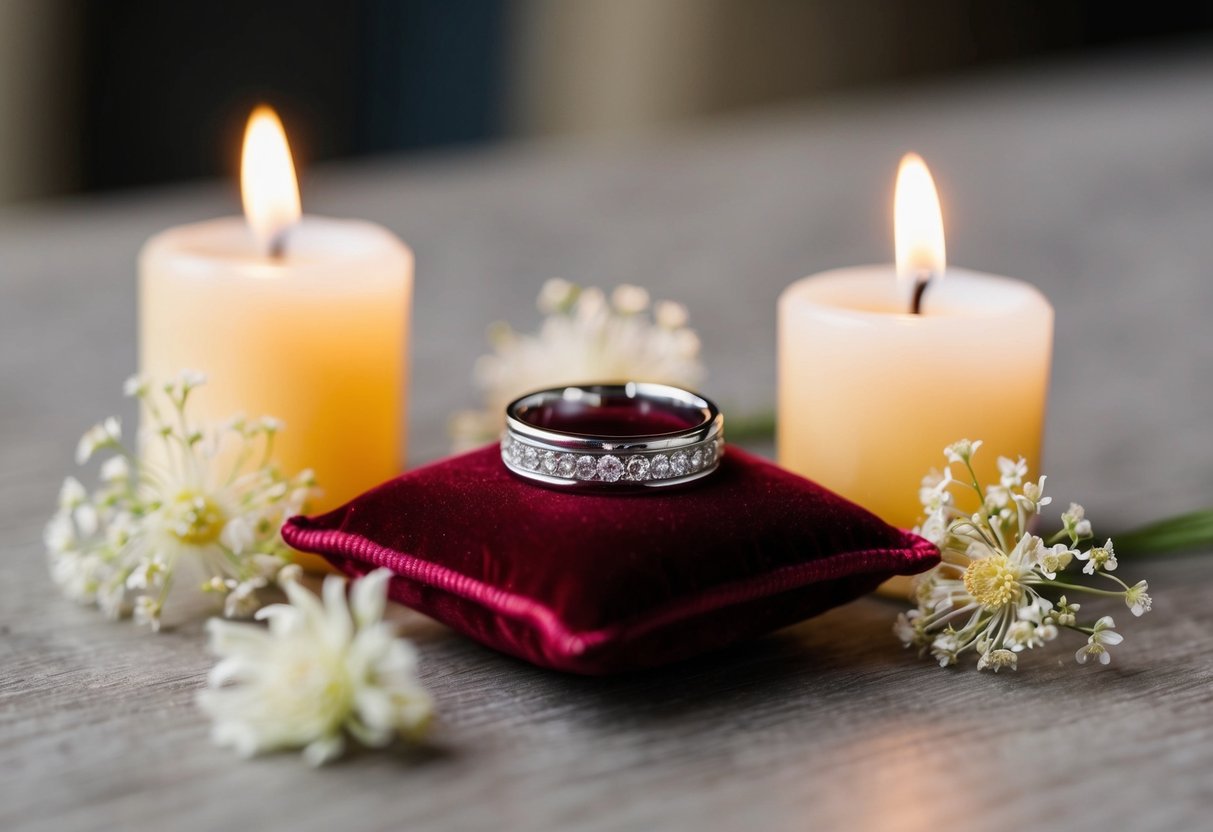 A wedding ring resting on a small velvet pillow, surrounded by delicate flowers and candles, symbolizing cultural and historical significance