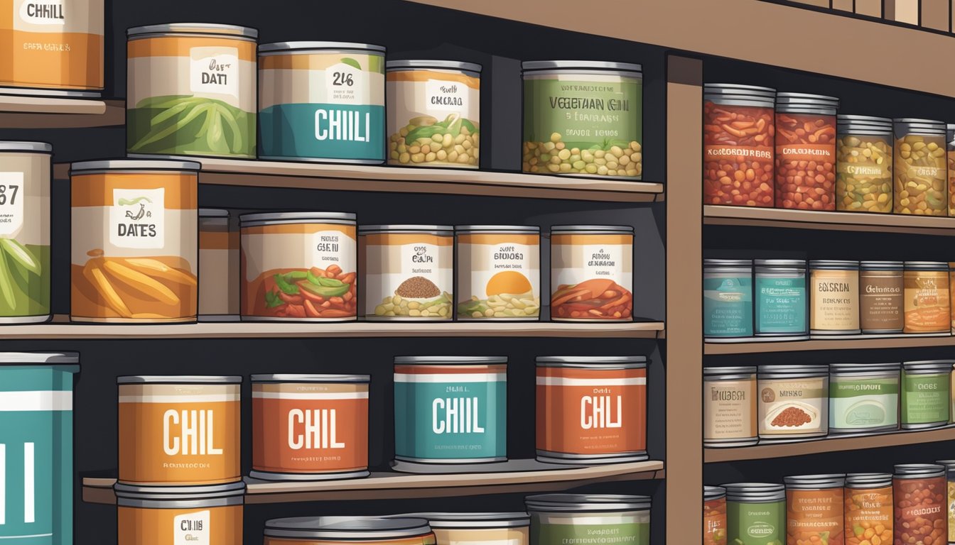 A pantry shelf with neatly organized cans of vegetarian chili, labeled with expiration dates