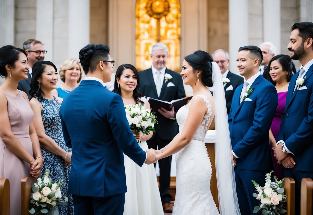 A bride and groom stand at a wedding altar, surrounded by family and friends. A financial advisor looks on, offering guidance and support
