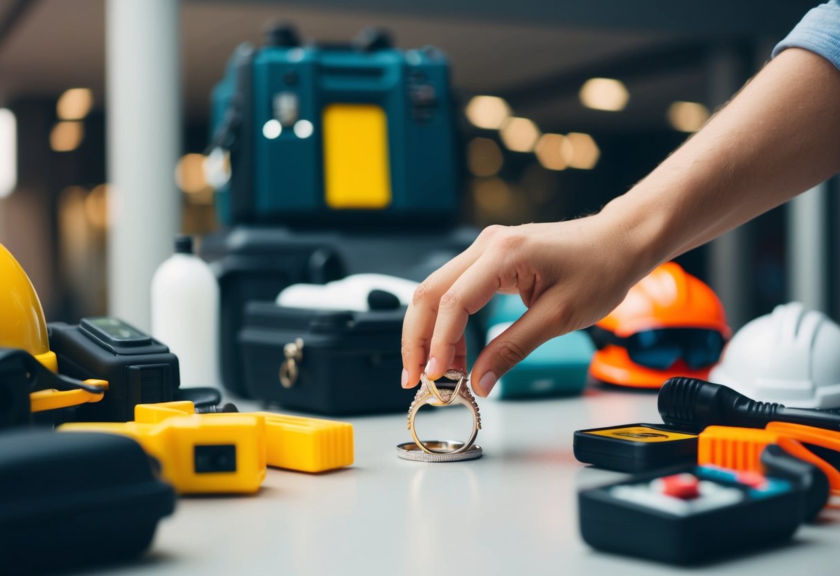 A person's hand reaching for a wedding ring on a table, surrounded by safety equipment and practical items