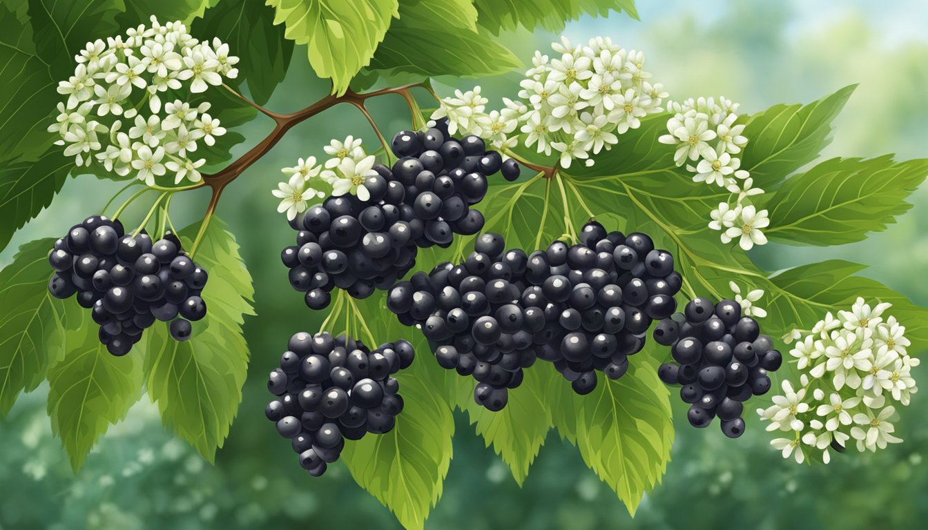 A cluster of ripe elderberries hangs from a bush, surrounded by lush green leaves and small white flowers