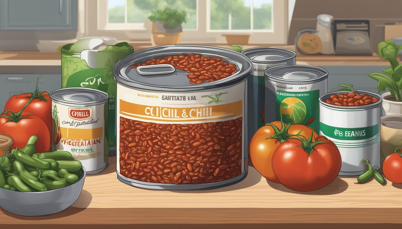 A pot of vegetarian chili sits on a kitchen counter, surrounded by cans of beans and tomatoes. The chili appears to be past its expiration date, with mold beginning to form on the surface