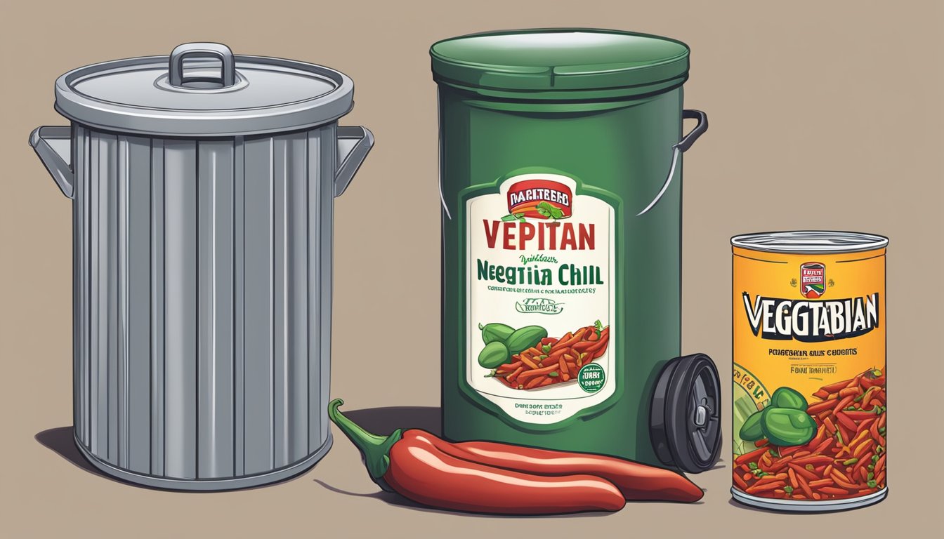 A can of expired vegetarian chili next to a garbage can