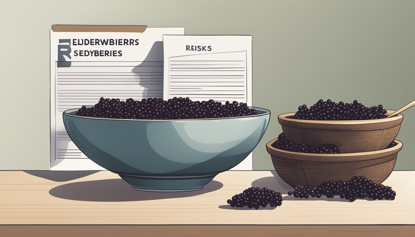 A bowl of ripe elderberries next to a warning sign and a list of potential risks