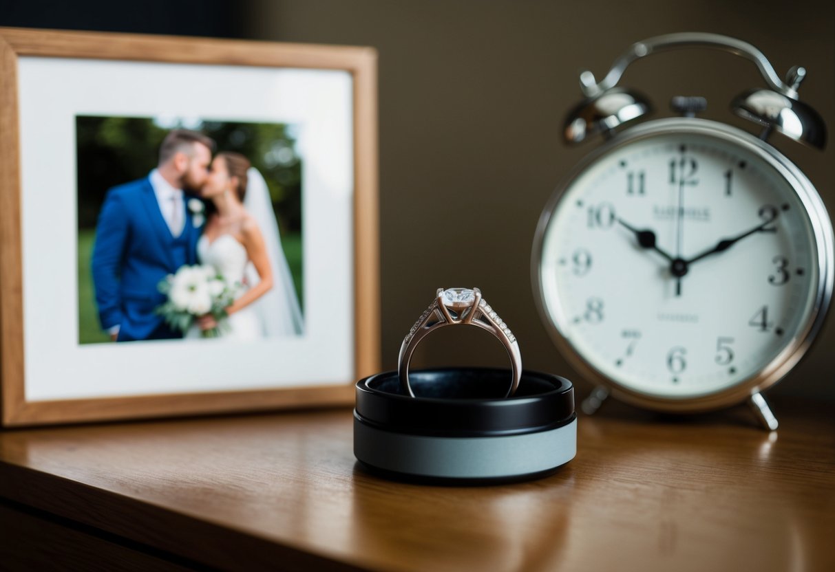 A man's wedding ring sits on a bedside table next to a clock and a framed photo