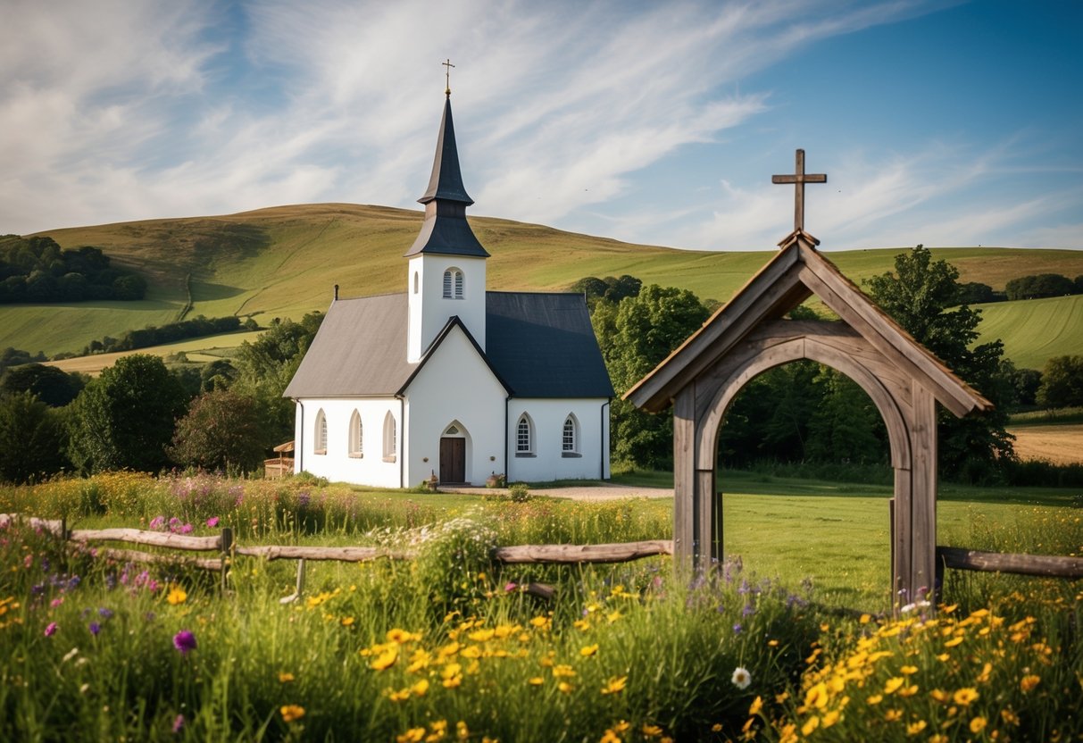 A quaint countryside church with rolling hills in the background, surrounded by colorful wildflowers and a rustic wooden archway