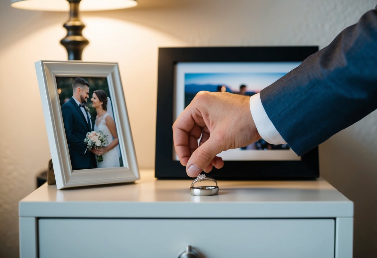 A man's hand placing a wedding ring on a nightstand next to a framed photo